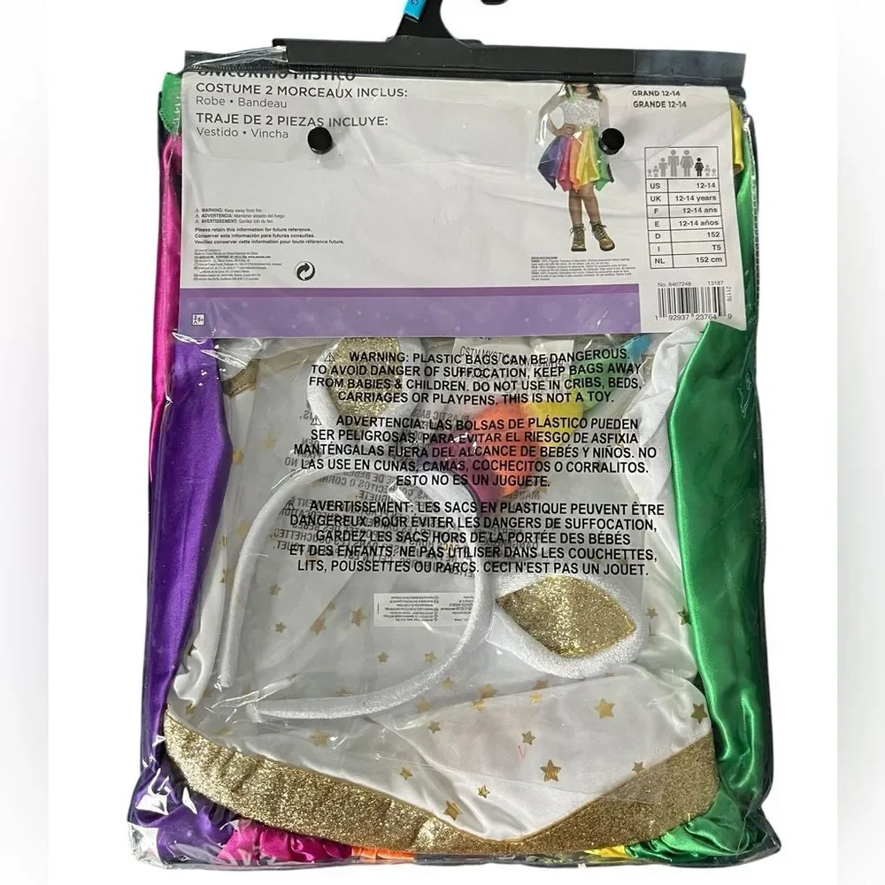 Mystical Unicorn Costume Girls Large 12-14 Rainbow Halloween Dress Headband Set